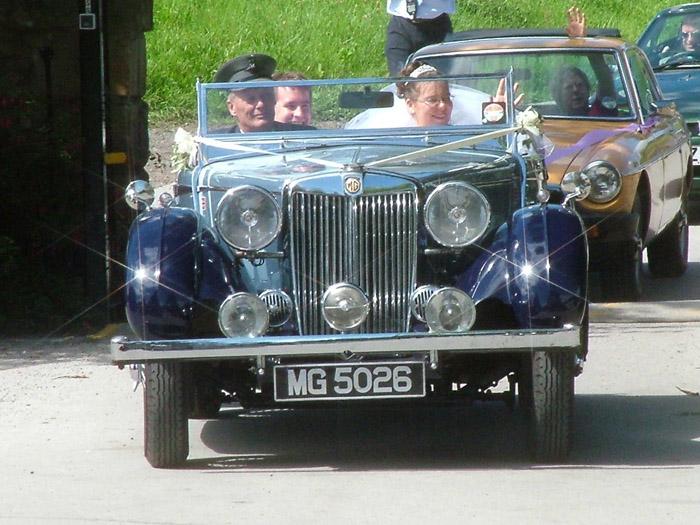 Christine and I in our Wedding car, an MG SA supplied by First Choice Wedding Cars of Nottingham.
