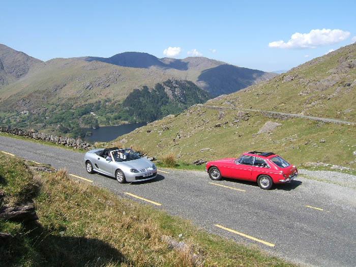 Jack Burkitt&#039;s 1967 MGBGT ascends the Healy pass near Killarney as Peter and Mary Davey descend in their MGF