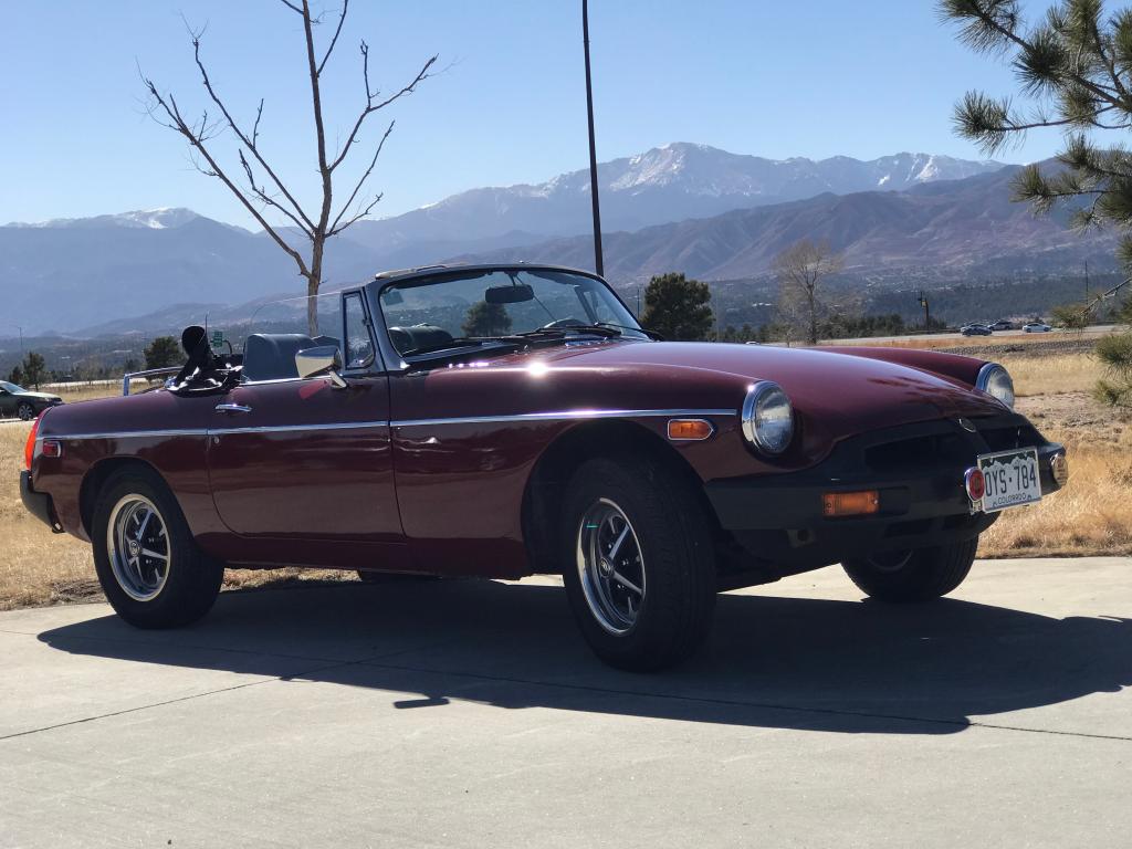 1975 MGB in Monument Colorado USA with Pikes Peak in the background